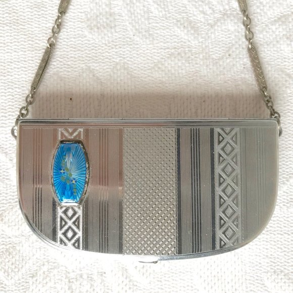 1920s Guilloche Enamel Silver Tone Compact - Picture 2 of 12
